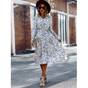 Bohemia Long Sleeves Floral Printed V-Neck Dress