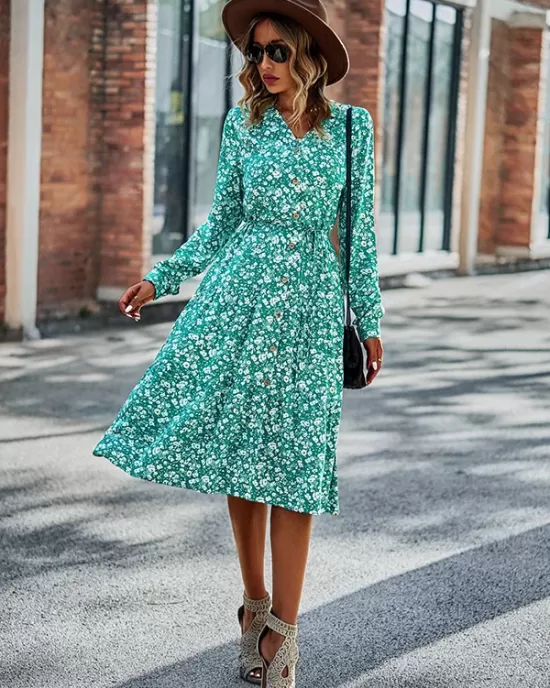 Bohemia Long Sleeves Floral Printed V-Neck Dress