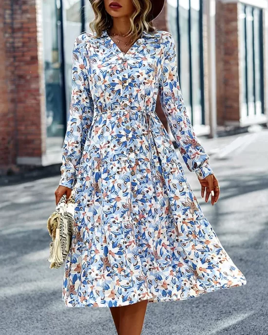 Bohemia Long Sleeves Floral Printed V-Neck Dress