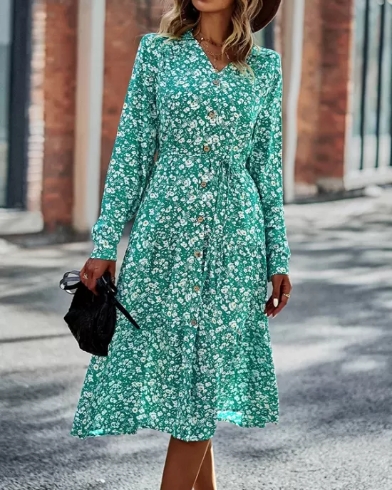 Bohemia Long Sleeves Floral Printed V-Neck Dress