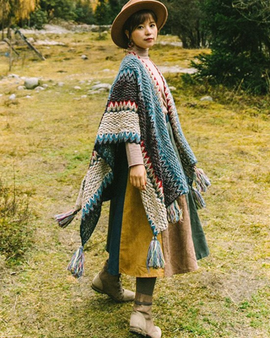 Casual Loose Tasseled Patchwork Shawl&Cloak