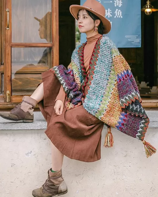 Casual Loose Tasseled Patchwork Shawl&Cloak