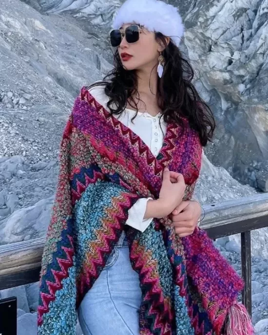 Casual Loose Tasseled Patchwork Shawl&Cloak