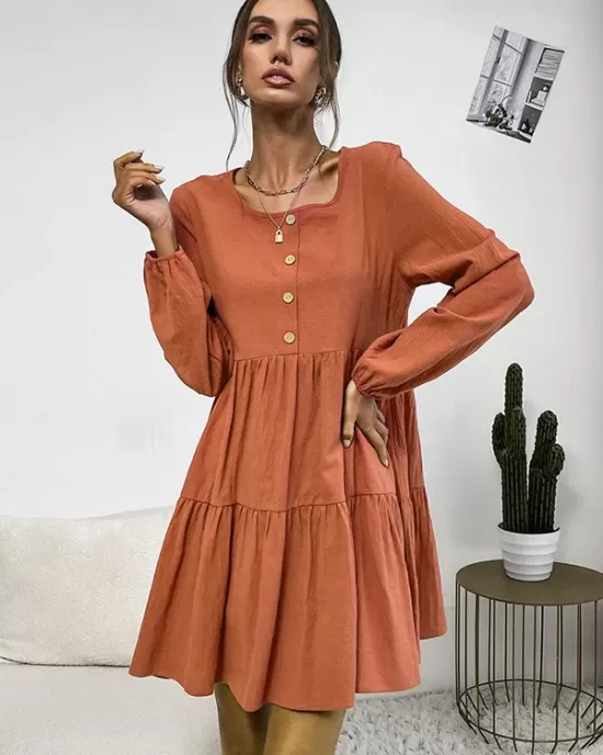 Bohemia Loose Buckle Round-Neck Dress