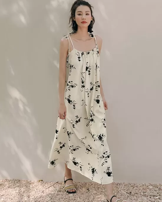 Vacation H-Line Floral Printed U-Neck Dress