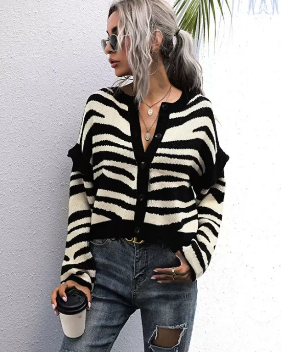 Casual Loose Striped Patchwork V-Neck Cardigan Top