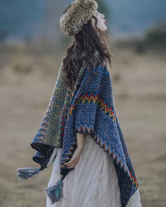 Casual Loose Tasseled Patchwork Shawl&Cloak