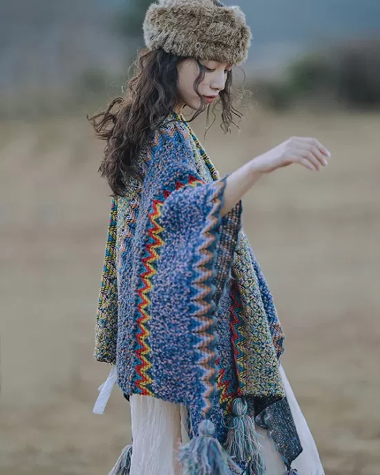 Casual Loose Tasseled Patchwork Shawl&Cloak