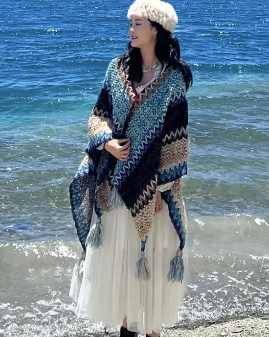 Casual Loose Tasseled Patchwork Shawl&Cloak