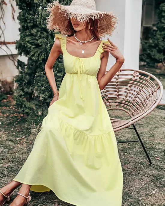 Women's Yellow Sling Dress High Waist Sleeveless Long Swing Dress