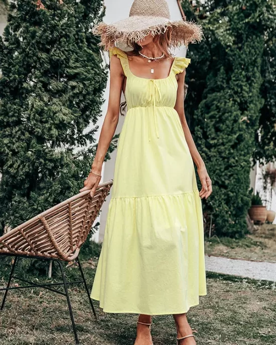 Women's Yellow Sling Dress High Waist Sleeveless Long Swing Dress