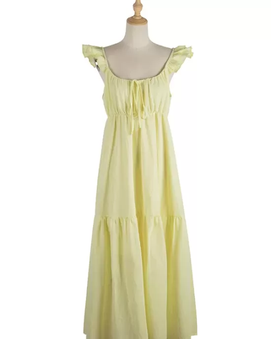 Women's Yellow Sling Dress High Waist Sleeveless Long Swing Dress