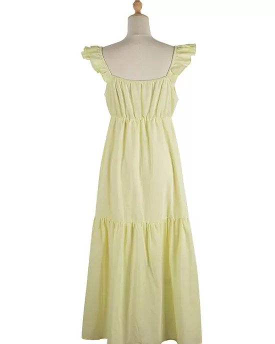 Women's Yellow Sling Dress High Waist Sleeveless Long Swing Dress