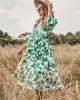 Fashion Ladies Long Skirt Green Print Lace-Up Dress