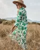 Fashion Ladies Long Skirt Green Print Lace-Up Dress