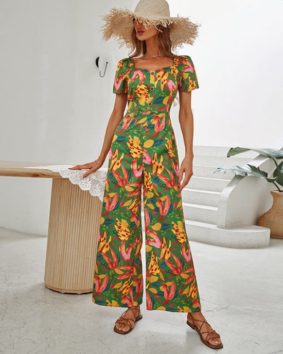 Fashion Square Neck Floral Jumpsuit