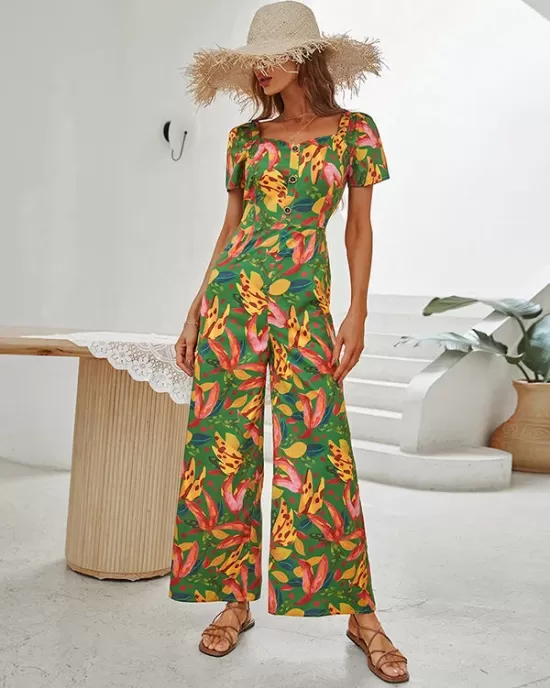 Fashion Square Neck Floral Jumpsuit