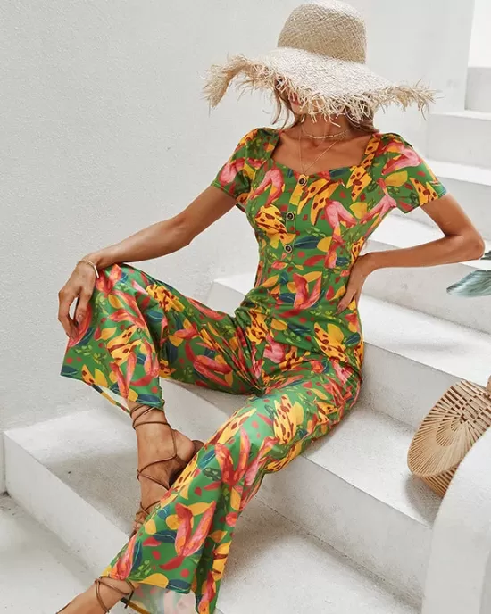 Fashion Square Neck Floral Jumpsuit