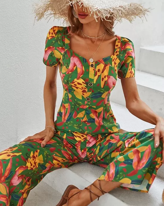 Fashion Square Neck Floral Jumpsuit