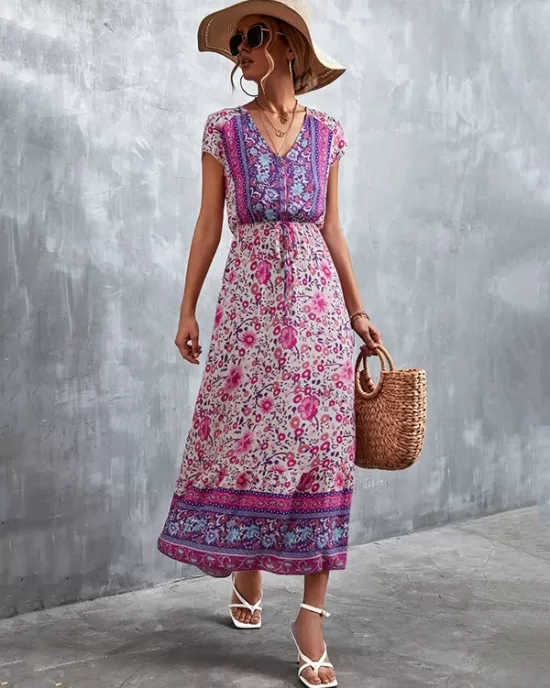 Bohemian V-Neck Button-Up Floral Print Dress