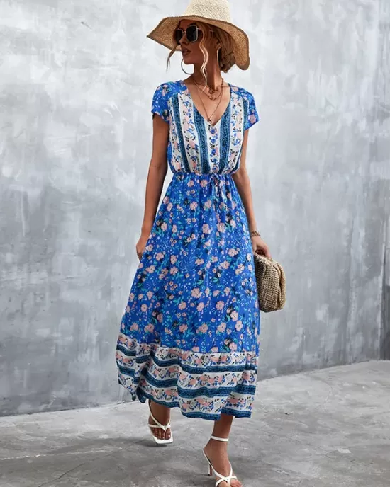 Bohemian V-Neck Button-Up Floral Print Dress