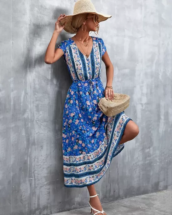 Bohemian V-Neck Button-Up Floral Print Dress