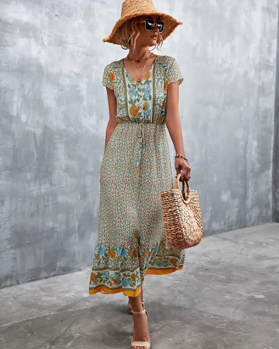 Bohemian V-Neck Button-Up Floral Print Dress