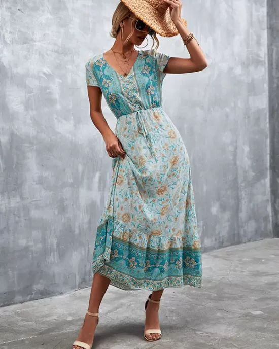 Bohemian V-Neck Button-Up Floral Print Dress