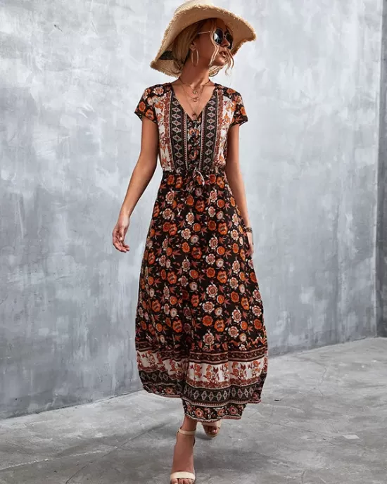 Bohemian V-Neck Button-Up Floral Print Dress