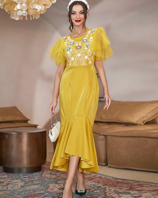 Yellow Mesh Panel Dress