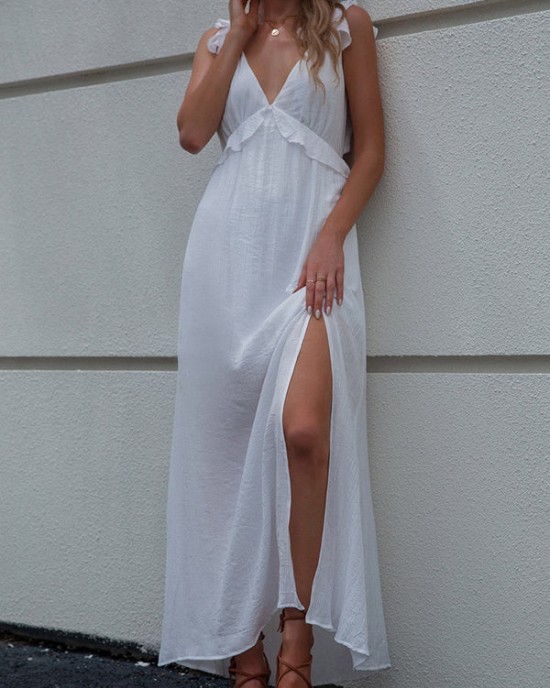 Casual White V-Neck Backless Bow Slit Dress