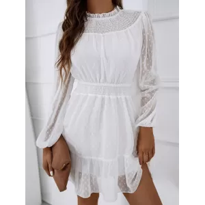 White Lace Trim Long Sleeve Ladies Dress