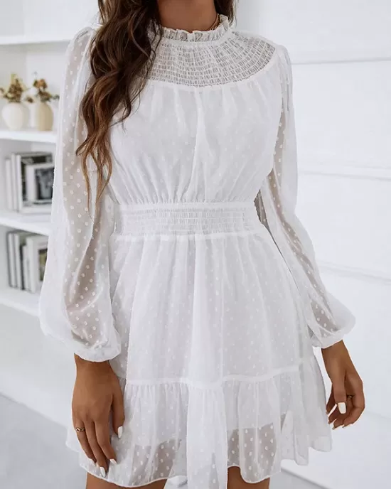 White Lace Trim Long Sleeve Ladies Dress