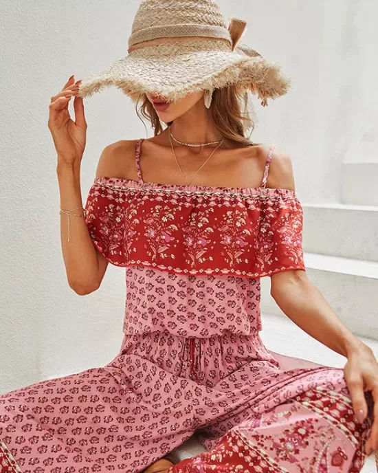 Women Wide Leg Floral Printed Bohemia Jumpsuit