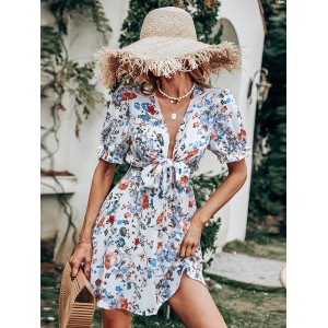 Vacation Puff Sleeves Floral Printed Bohemia Dress