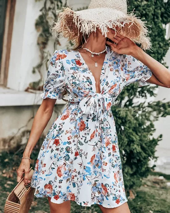 Vacation Puff Sleeves Floral Printed Bohemia Dress