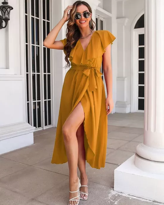 Casual Flared Sleeves Solid Color Dress