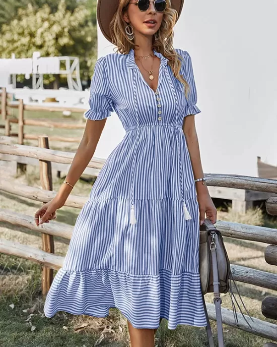 Vacation High Waisted Loose Striped Dress