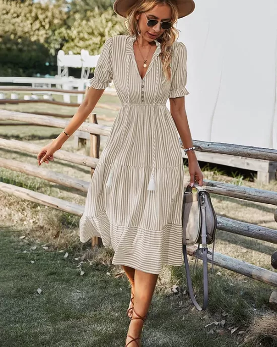 Vacation High Waisted Loose Striped Dress