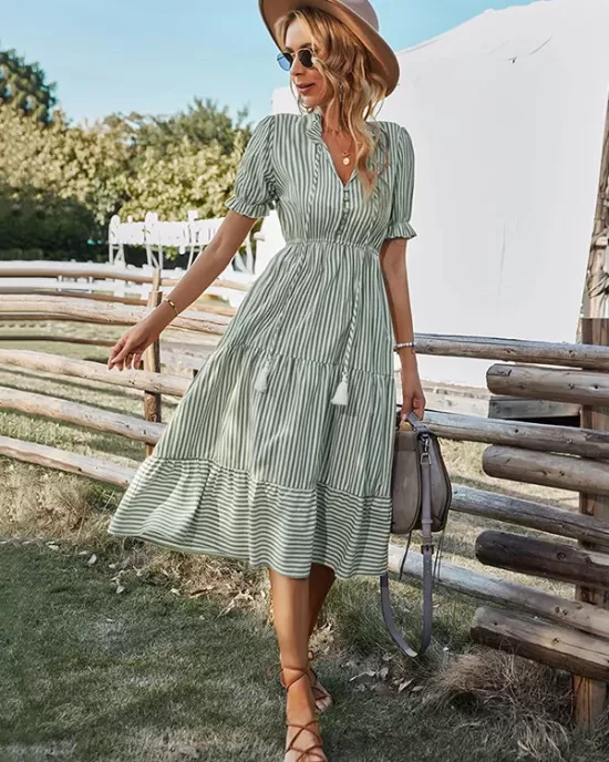 Vacation High Waisted Loose Striped Dress