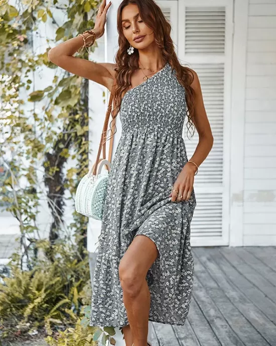 Vacation Sleeveless Floral Printed One-Shoulder Dress