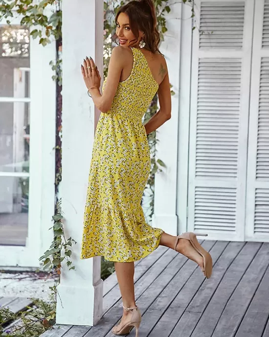 Vacation Sleeveless Floral Printed One-Shoulder Dress