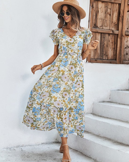 Bohemia High Waisted Floral Printed V-Neck Dress