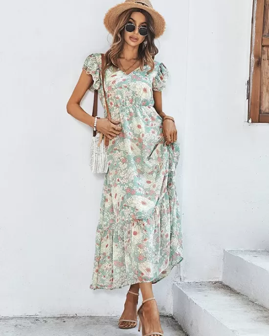 Bohemia High Waisted Floral Printed V-Neck Dress