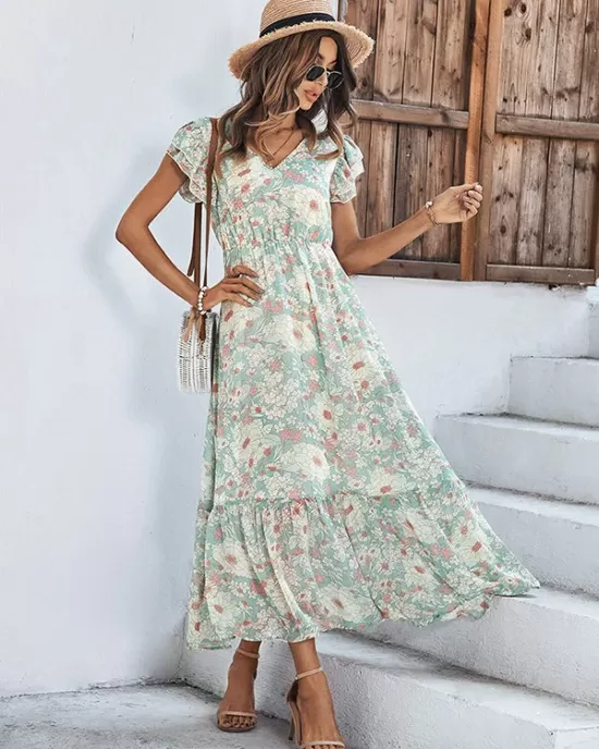 Bohemia High Waisted Floral Printed V-Neck Dress