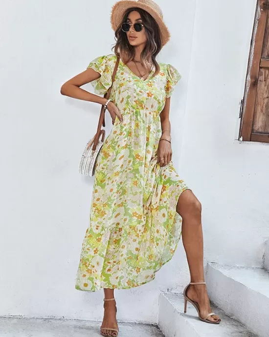 Bohemia High Waisted Floral Printed V-Neck Dress