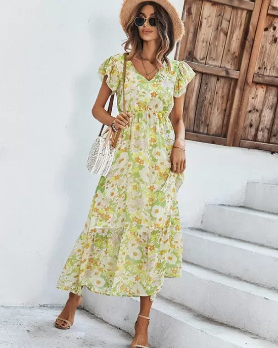 Bohemia High Waisted Floral Printed V-Neck Dress