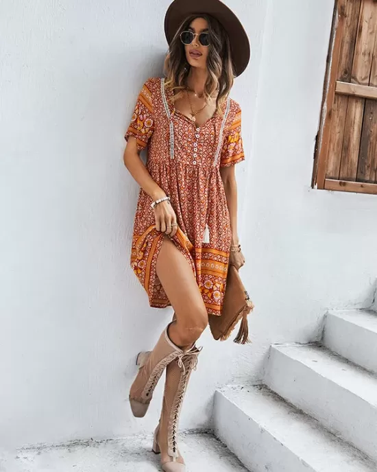 Casual A-Line Floral Printed Round-Neck Dress