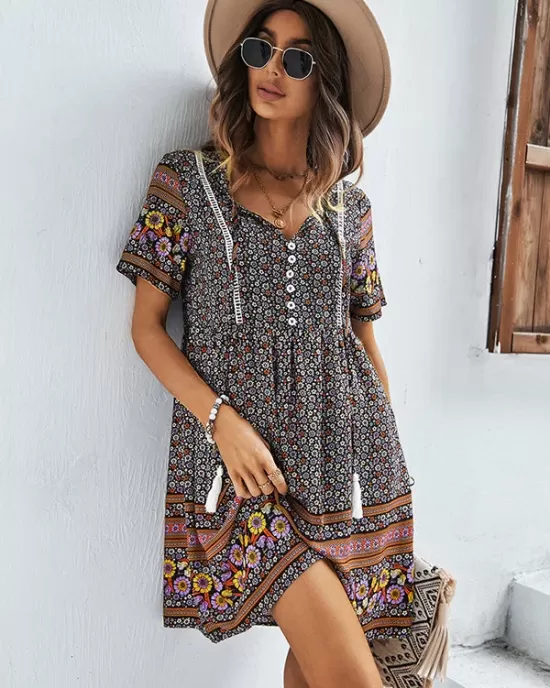 Casual A-Line Floral Printed Round-Neck Dress