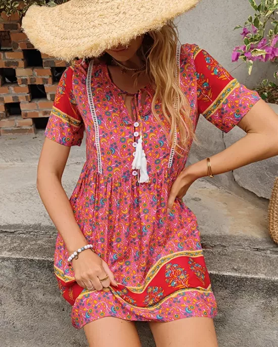 Casual A-Line Floral Printed Round-Neck Dress